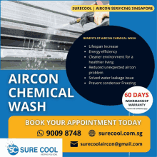 an advertisement for aircon chemical wash shows the benefits