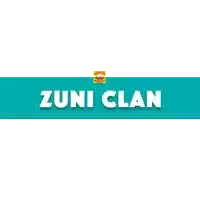 a blue and white banner with the word zuni clan on it