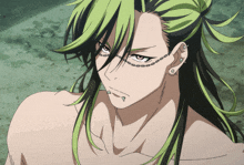 a shirtless anime character with green hair and piercings