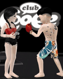 a man and a woman are boxing in front of a club cage sign