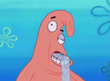 patrick star from spongebob squarepants is crying with his mouth open