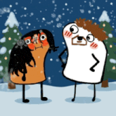 a cartoon of a marshmallow standing next to a woman