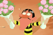 a cartoon character is holding two bouquets of pink roses in his hands