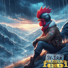 a rooster wearing a helmet is sitting on a rock with a sign that says sv-388 museum bola