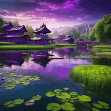 a painting of a lake with a purple sky and buildings in the background