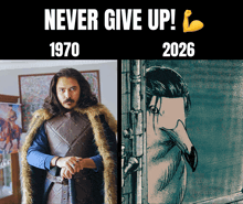 a man in a fur coat is next to a drawing of a man with a bird 's head