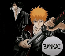 a drawing of a man holding a sword with the word bankai written on it