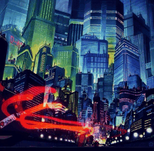 a painting of a futuristic city with the word nsx on the bottom