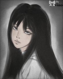 a drawing of a girl with long black hair and the words by avino