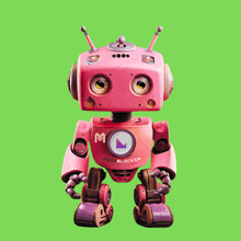 a pink robot that says memeblockia on the front