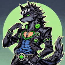 a drawing of a wolf with green eyes and a heart shaped chest