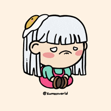 a cartoon drawing of a girl with a fried egg in her hair