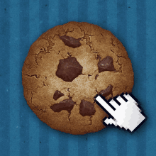 a pixelated hand is pointing at a cookie