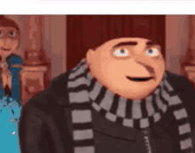 a cartoon character from despicable me wearing a scarf and a jacket is smiling .