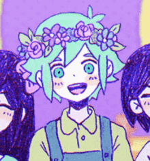a cartoon character with a flower crown on their head