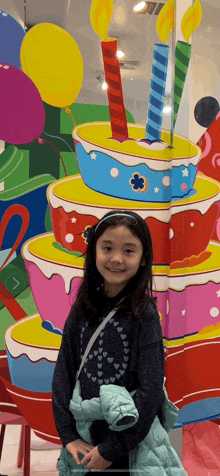 a little girl stands in front of a birthday cake