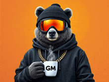 a bear wearing a beanie and goggles is holding a cup of gm coffee