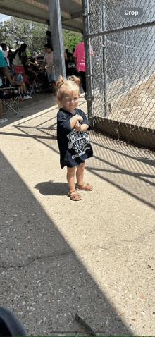 a little girl standing in front of a chain link fence with the word crop at the top