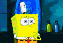 a cartoon of spongebob standing in front of a blue toilet