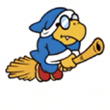 a cartoon bird is flying on a broom with a stick .