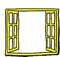 a yellow and black drawing of an open window with a white background