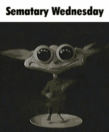 a black and white photo of a cartoon character with the words " sematary wednesday " above it