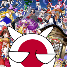 a bunch of anime characters are gathered around a red and white circle