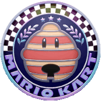 a mario kart logo with a bee in the center