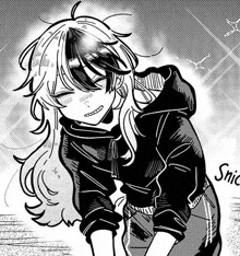 a black and white drawing of a girl with long hair and a hoodie .