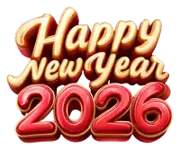 happy new year 2026 is written in gold and red letters