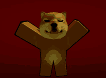 a 3d rendering of a doge with its arms outstretched on a red background