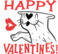 a drawing of a cat with a heart in its mouth and the words happy valentines