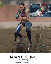 a picture of a woman on a bicycle with the name jajan gosling on the bottom