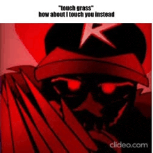 a cartoon character wearing a red hat and sunglasses with red eyes is talking about how about i touch you instead .