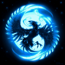 a phoenix is surrounded by a blue circle with feathers