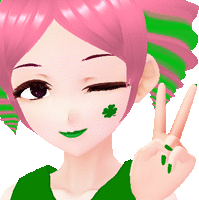 a girl with pink hair and a clover on her face is giving a peace sign