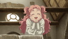 a girl with pink hair is smiling and holding her hands to her face