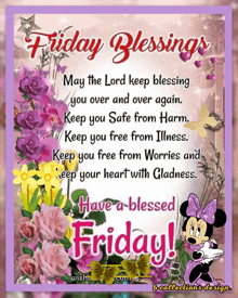 a friday blessings card with flowers and minnie mouse on it