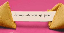 a fortune cookie says si lees esto eres mi perra on a pink background