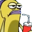 a yellow cartoon character is holding a red cup with a straw in it .