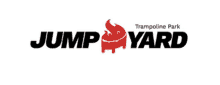 a logo for jump yard trampoline park with a red flame