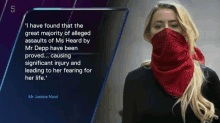 a woman with a red scarf around her face has a quote from mr. justice nicol on the bottom