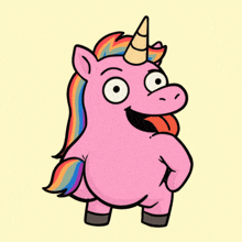 a cartoon of a pink unicorn with a rainbow mane