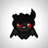 a pixel art drawing of a black bat with red eyes and horns .