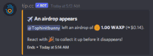 a screenshot of a bot that says an airdrop appears and says to collect it up before it disappears