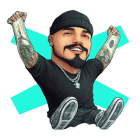 a cartoon of a man with a beard and tattoos holding a 20 dollar bill