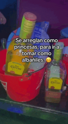 two bottles of tequila in a red bucket with the words se arreglan como princesas