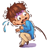 a cartoon drawing of a boy in a blue shirt and tan pants