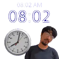 a man wearing glasses stands next to a clock that says 8:02 am