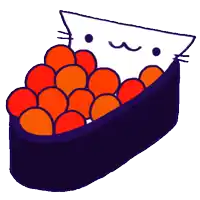 a cartoon of a cat eating a sushi roll filled with orange circles
